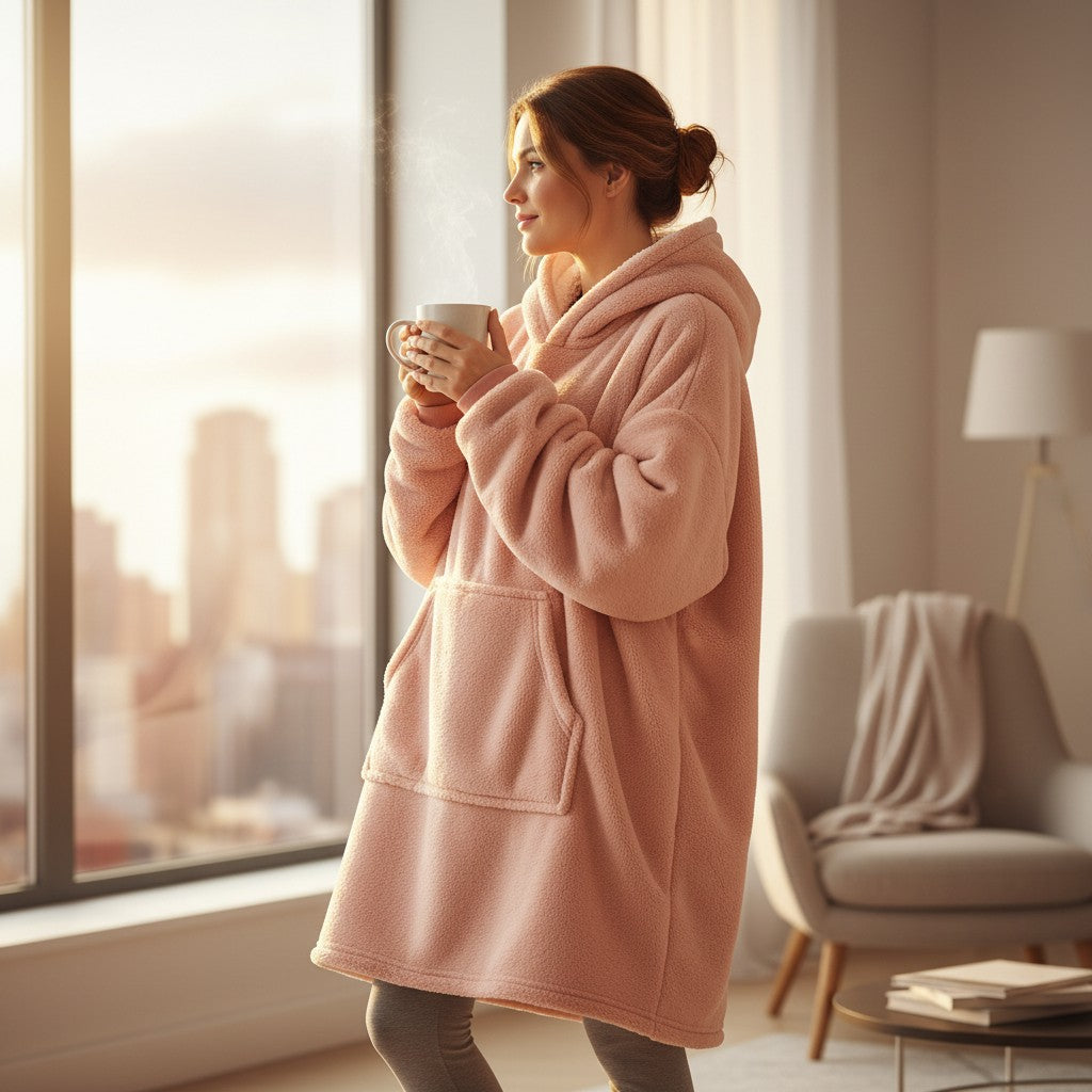 Soft pink hooded blanket worn standing by a bright window holding a warm drink