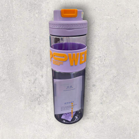 Lilac Power water bottle with an orange print band on grey