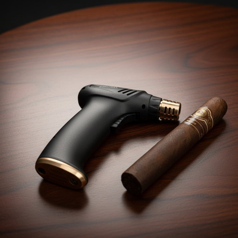 Black lighter and brown cigar on a wooden surface
