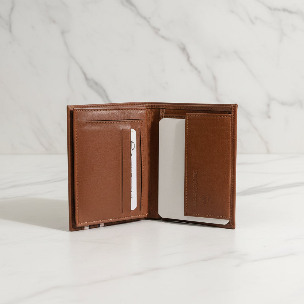Brown leather wallet open on a white marble surface