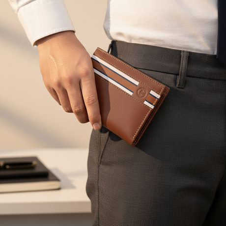 Person holding a brown wallet with a visible brand logo, wearing a white shirt and grey pants