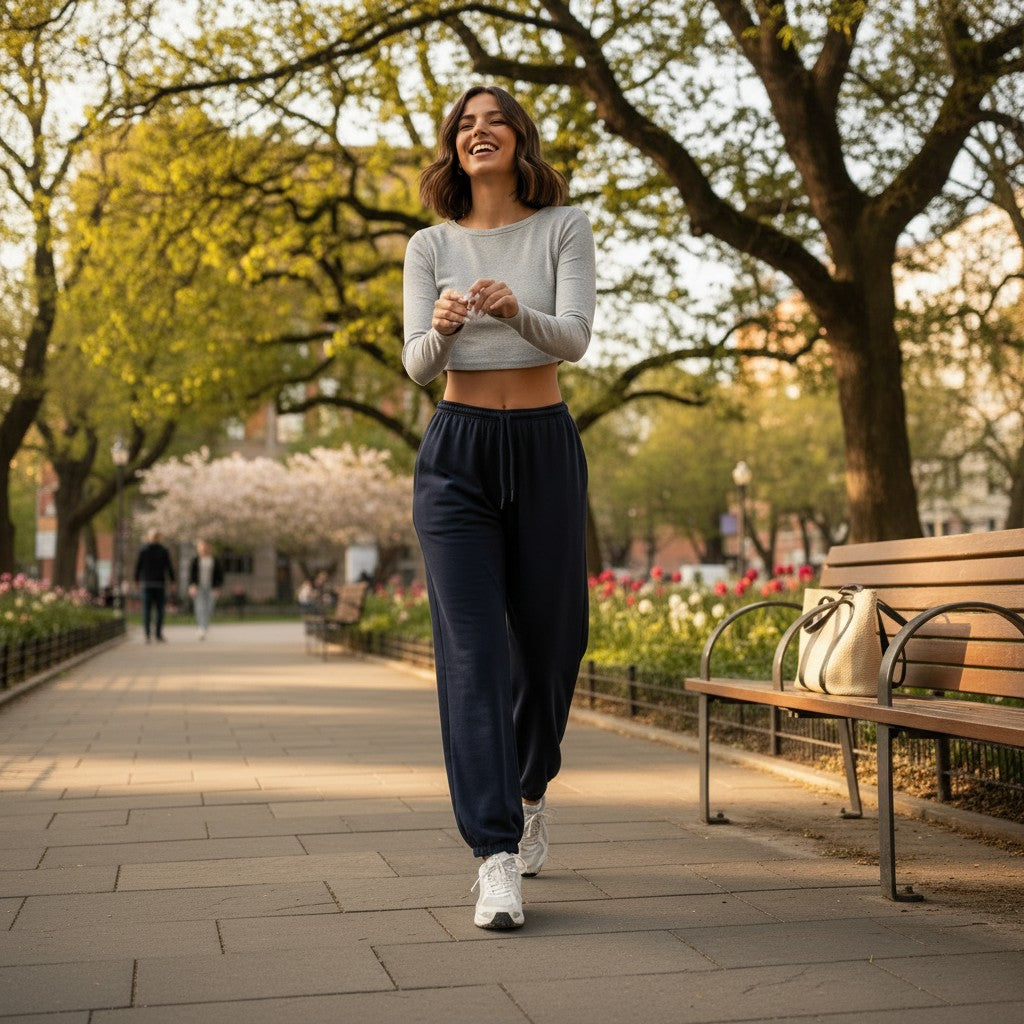Woman walking on a path in a park with trees and benches in the background