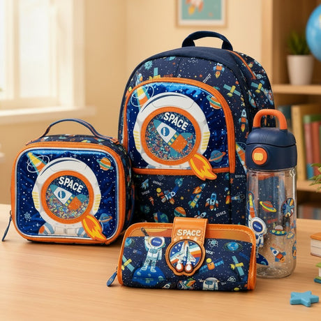 A matching school supplies set with an astronaut space theme, including a backpack, lunchbox, pencil case, and water bottle, displayed on a wooden desk in a bright classroom setting.