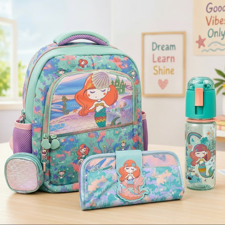 A children's school accessory set featuring a mermaid-themed backpack, matching pencil case, and a water bottle, displayed on a light wooden table in a bright room with framed wall art and a plant.