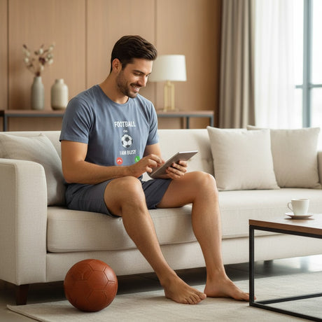 Man sitting on a couch using a tablet in a living room with a soccer ball beside him.
