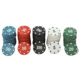 Five stacks of poker chips marked 5, 10, 20, 50 and 100 with suit symbols round the rim