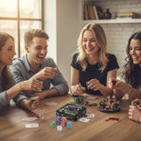 Friends playing poker at a table with the chip tin, loose chips and playing cards