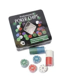 Poker chip tin with loose chips and wrapped chip rolls in green, blue, red and white