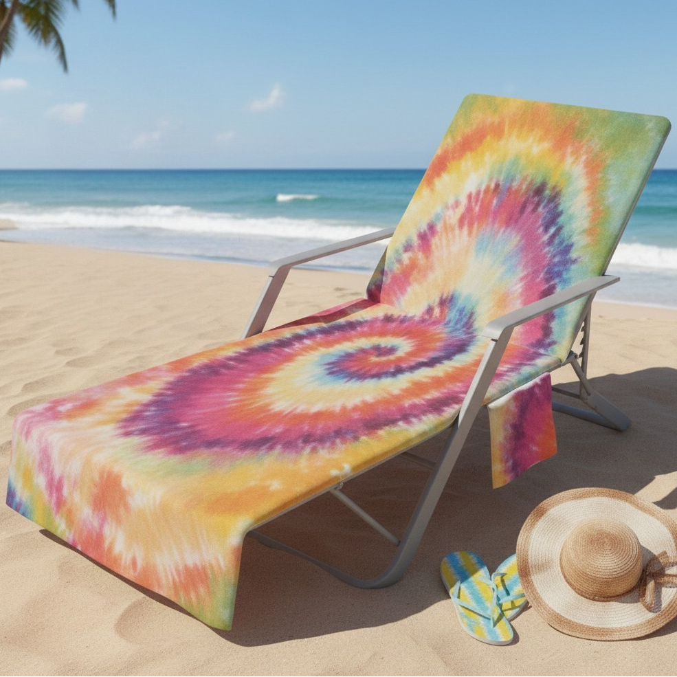 A metal beach lounge chair on a sandy beach with the ocean in the background. The chair is covered in a bright tie-dye blanket featuring a spiral pattern of pink, yellow, orange, green, and purple.