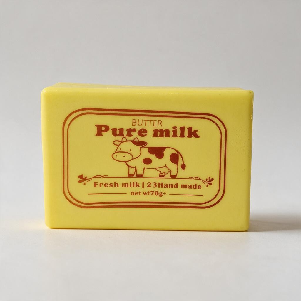 Yellow butter block squishy with a red Pure Milk label and a cow illustration