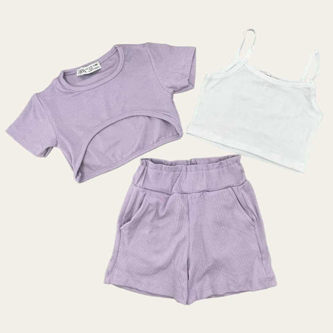 Purple Simple 3 Pcs Shorts Set