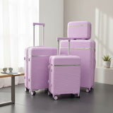 Four purple suitcases with silver trim stacked by a sunlit window