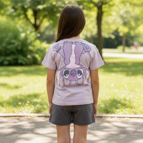 Back view of a lilac girls tee with a large upside down Angel character print