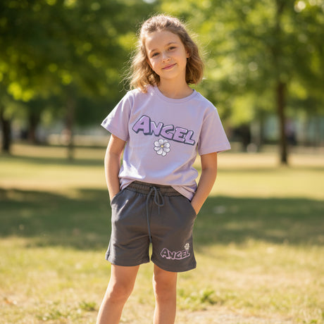 Girls set with a lilac Angel tee, bubble Angel text and flower print, plus charcoal grey shorts