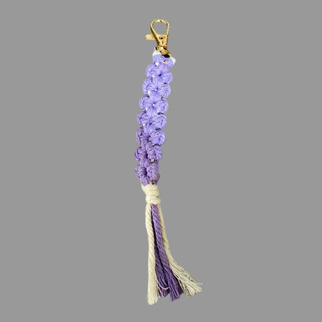 Purple braided macrame keychain with gold clasp and two tone tassel