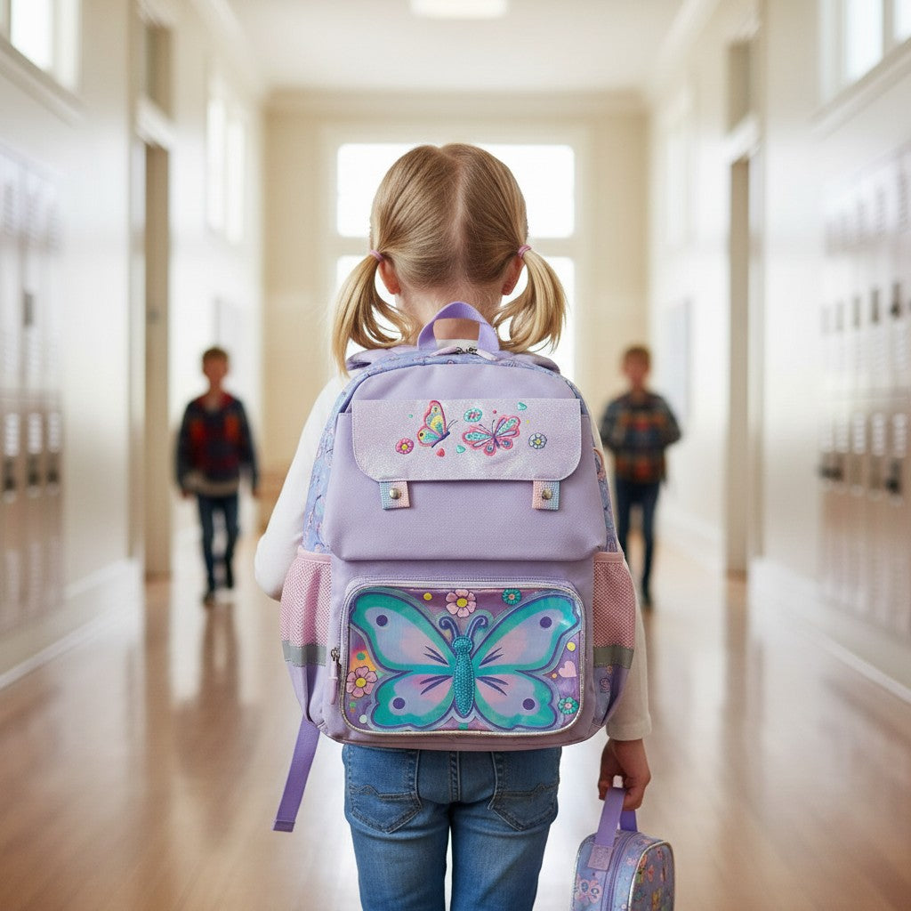 Girl wearing a purple butterfly flap school backpack in a corridor – Jack Gifts Online Lebanon