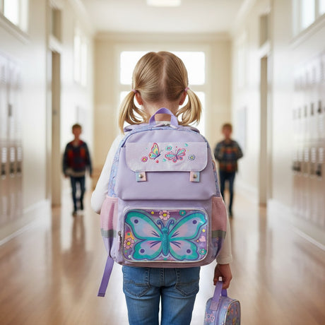 Girl wearing a purple butterfly flap school backpack in a corridor – Jack Gifts Online Lebanon
