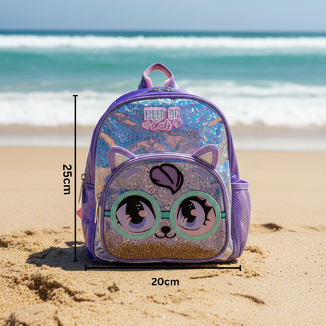 Purple glitter cat backpack with mint round glasses, 3D ears and a mesh side pocket