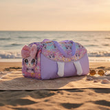 Lavender kids duffle bag with a 3D plush kitten face, fluffy pink bow and dangling white paws