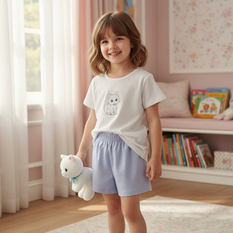 Kids cat pajama short set with white tee and lilac shorts