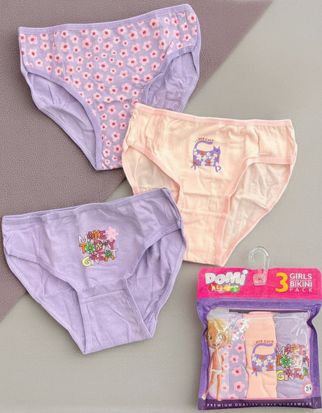 Pack of 3 girls cotton briefs in lilac and peach with floral and cat motifs