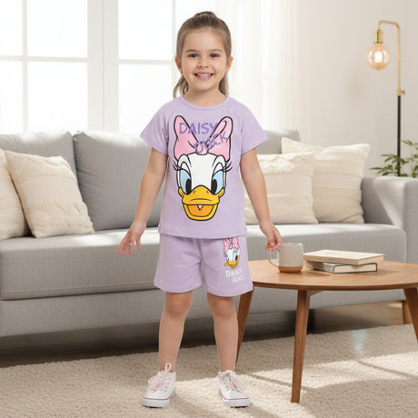 Girls lilac purple set, Daisy Duck face tee with matching plain purple shorts