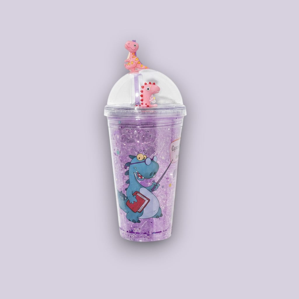 Lilac glitter tumbler with a clear dome lid and a 3D dinosaur on the straw