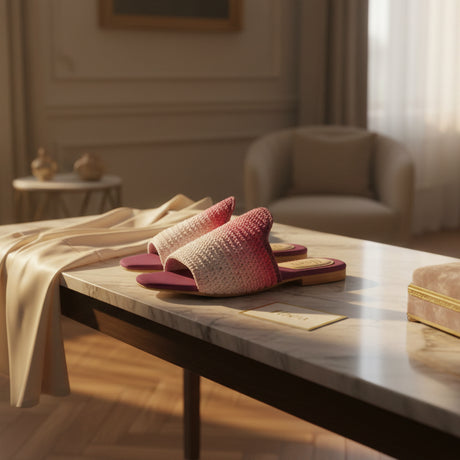 Purple handmade slippers on a marble table in a room with a couch and decor