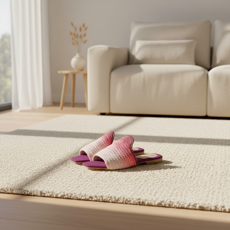 Pair of purple slippers on a beige rug in a living room setting