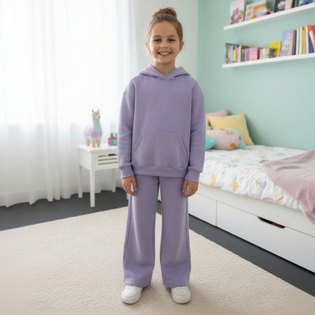 Girl in a lilac fleece hoodie and matching wide leg pants