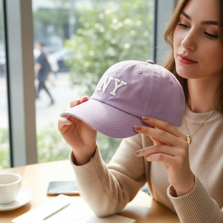 Woman holding a lilac embroidered cap in a sunlit cafe window seat
