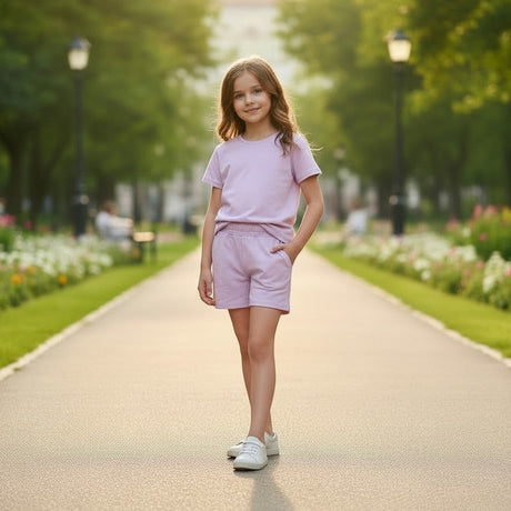 Lilac two piece tee and shorts set worn on a park path