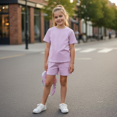 Girl in a lilac tee and matching shorts set holding a backpack