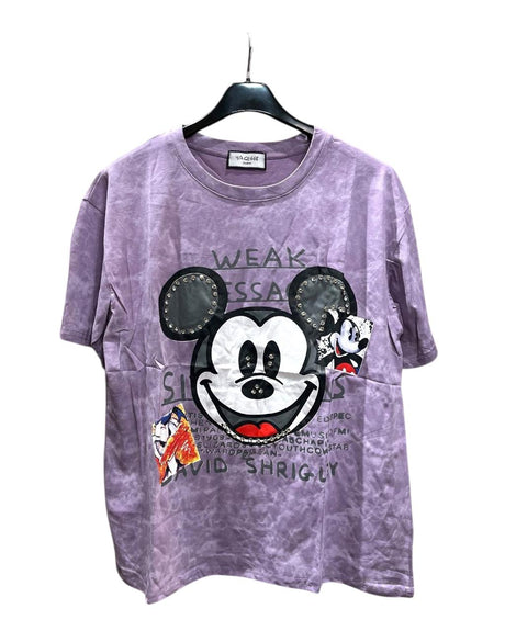 An oversized red tshirt with a graphic of Mickey Mouse and text on a hanger