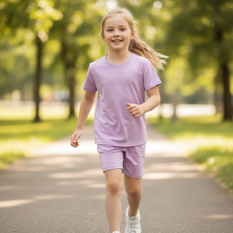 Girl running in a plain lilac tee and matching shorts set