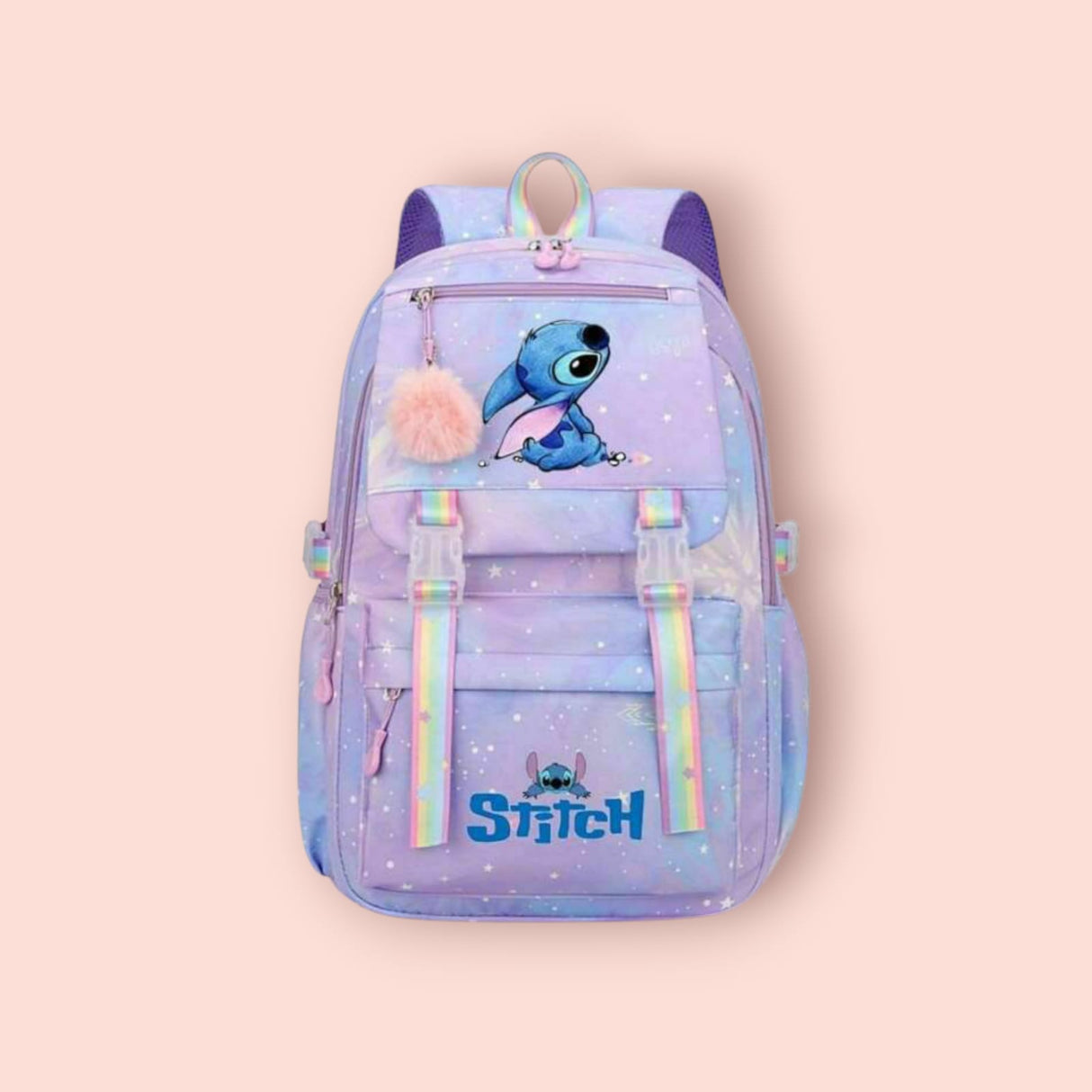 Purple backpack with Stitch cartoon character on a beige background