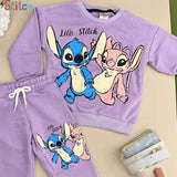 Lilac girls sweatshirt and drawstring joggers laid flat with a blue and pink duo print
