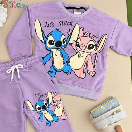Lilac girls sweatshirt and drawstring joggers laid flat with a blue and pink duo print