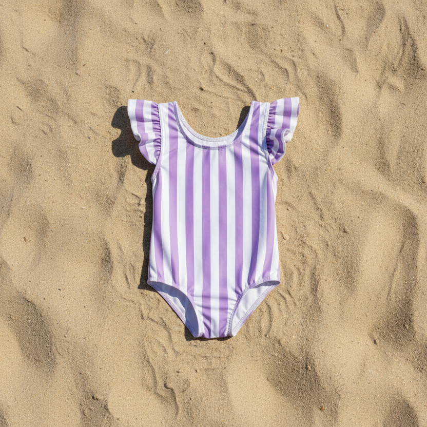 Purple striped onepiece swimsuit flat lay on sand