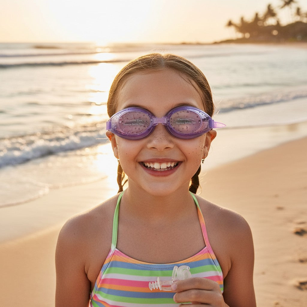 Girl wearing purple kids swim goggles on the sand, Jack Gifts Online Lebanon