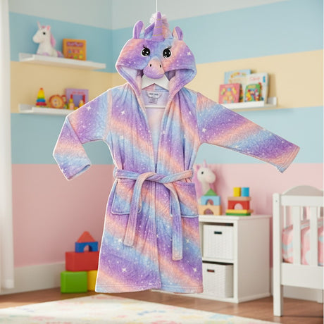 Pastel rainbow unicorn kids robe on a hanger with tie belt and hood