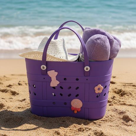 Purple children's basket with a straw hat and purple item on a dark surface