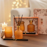 Black reeds standing in the tangerine diffuser bottle under warm fairy lights