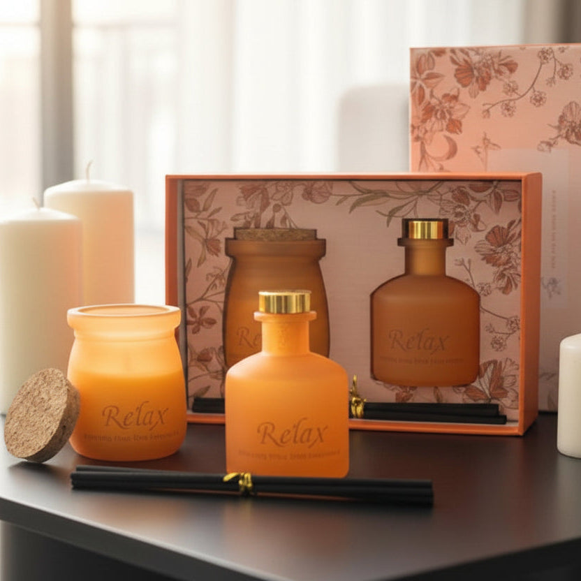 Tangerine frosted diffuser and cork lidded candle beside an open coral gift box
