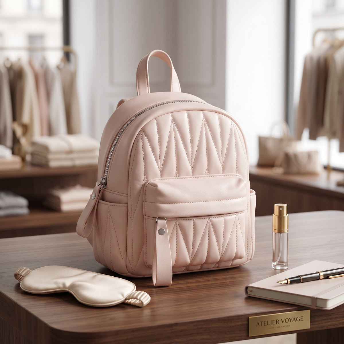 Blush pink quilted mini backpack with a padded front zip pocket