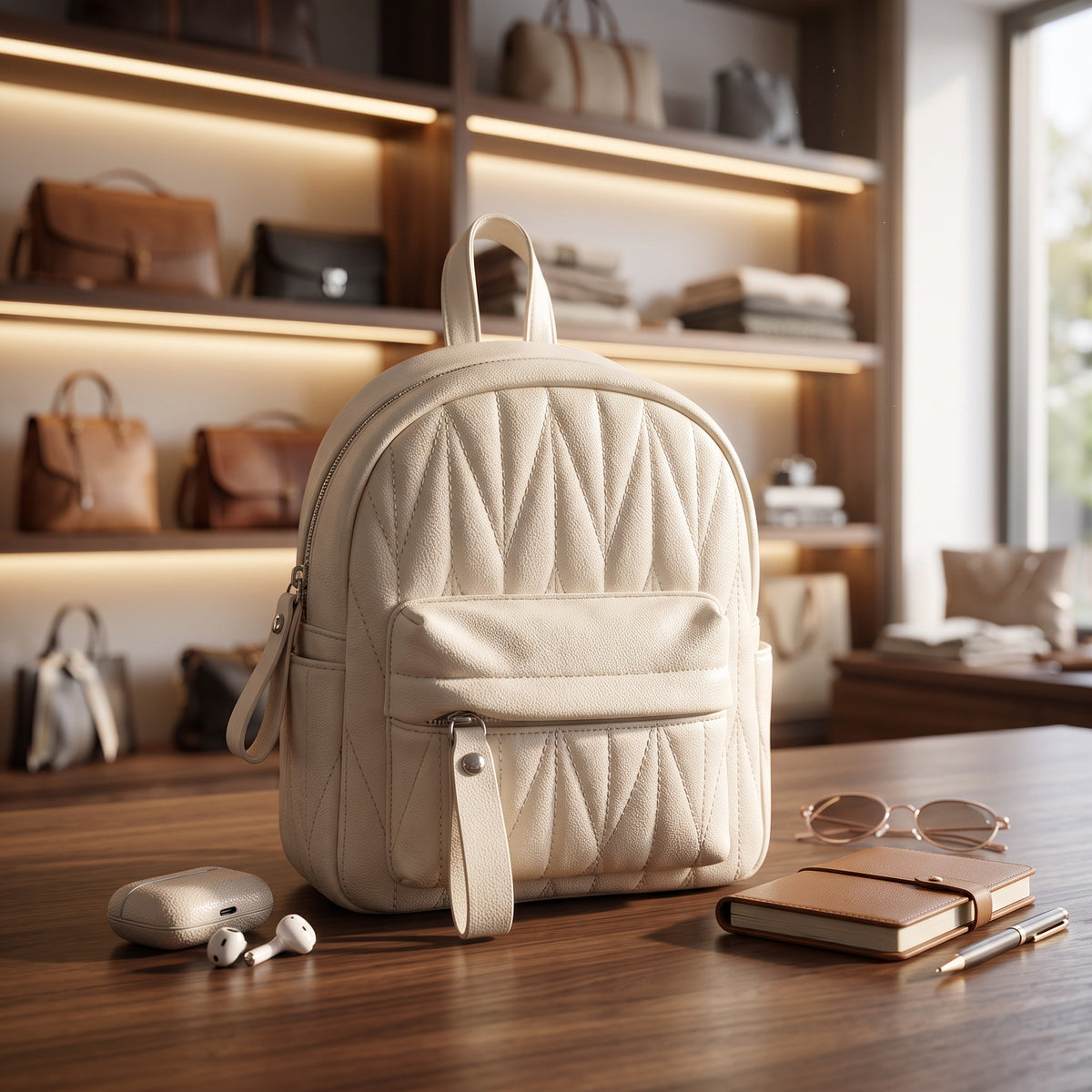 Cream quilted mini backpack with a chevron quilted body