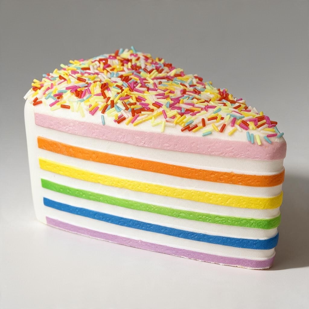 Rainbow layered cake slice squishy with a frosted top covered in colourful sprinkles