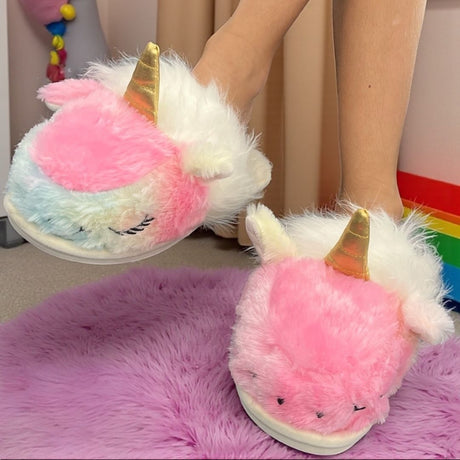 Kids rainbow tie dye unicorn slippers with a gold horn and ears, Jack Gifts Online Lebanon