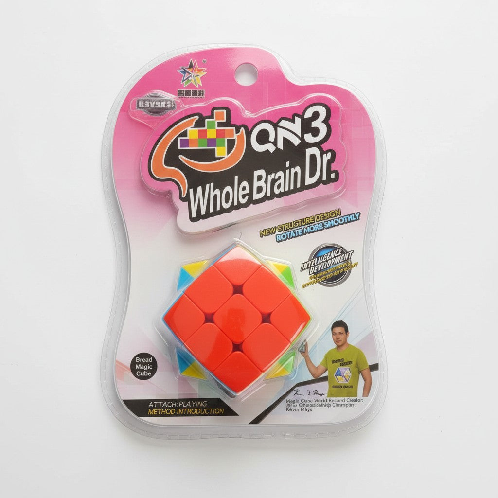 Red 3x3 magic cube set at an angle on a pink blister card
