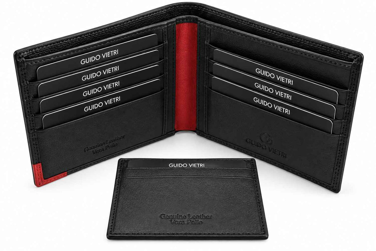 Red spine and a red corner brighten this black leather wallet and its card sleeve